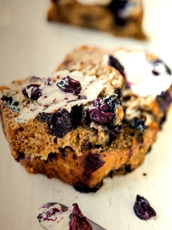 Brown sugar blueberry banana bread with blueberry butter